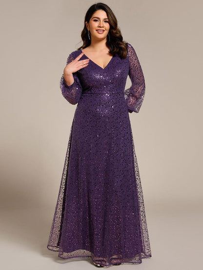 pretty RAYVEN|Plus Size V-Neck Lantern Long Sleeve Sequin A-Line Evening Dress