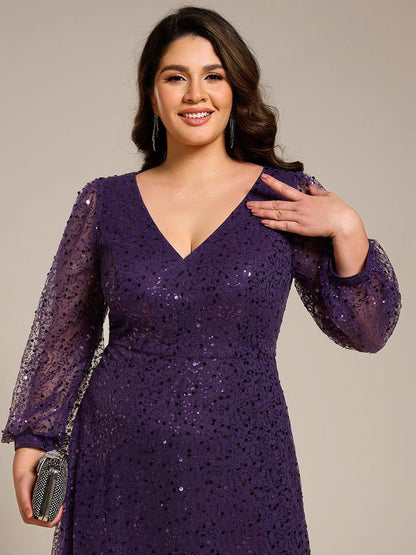 pretty RAYVEN|Plus Size V-Neck Lantern Long Sleeve Sequin A-Line Evening Dress