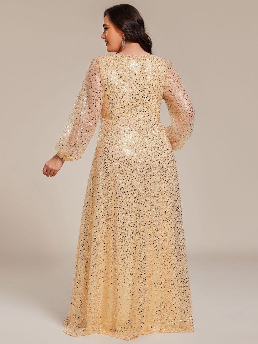 pretty RAYVEN|Plus Size V-Neck Lantern Long Sleeve Sequin A-Line Evening Dress