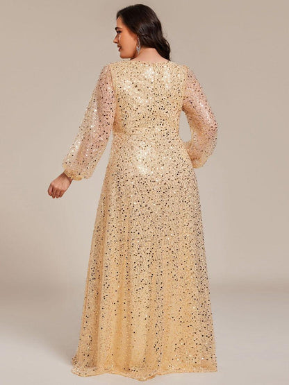 pretty RAYVEN|Plus Size V-Neck Lantern Long Sleeve Sequin A-Line Evening Dress