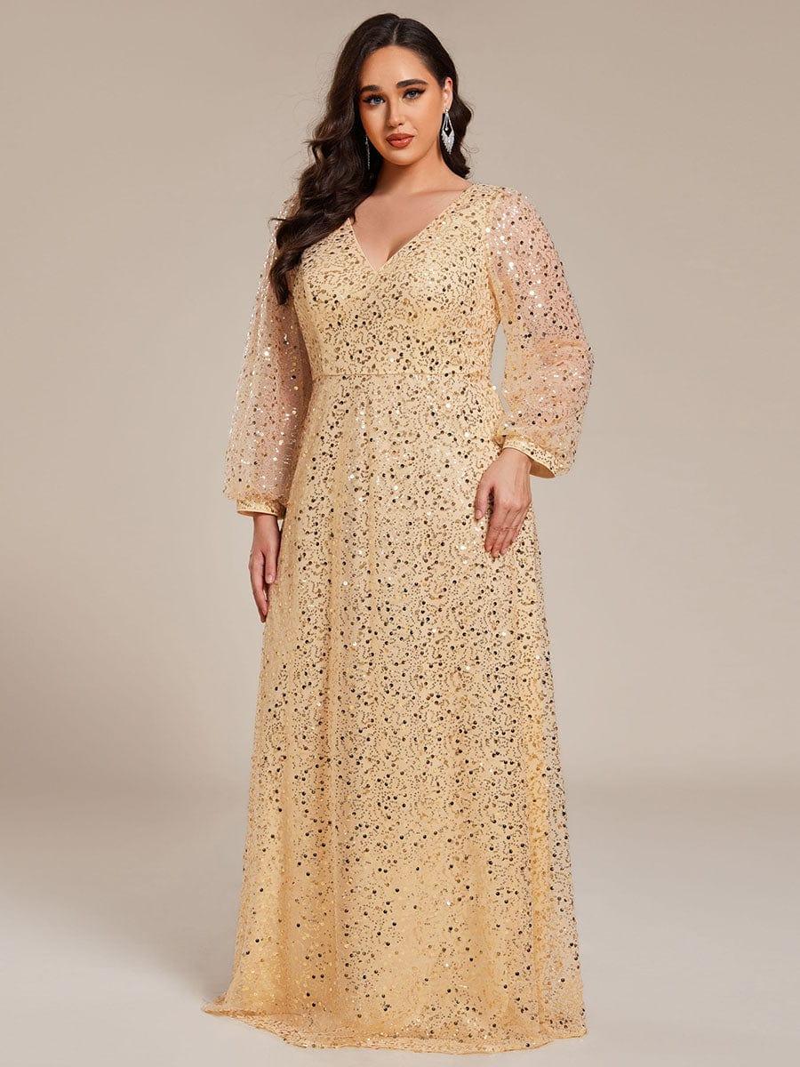 pretty RAYVEN|Plus Size V-Neck Lantern Long Sleeve Sequin A-Line Evening Dress