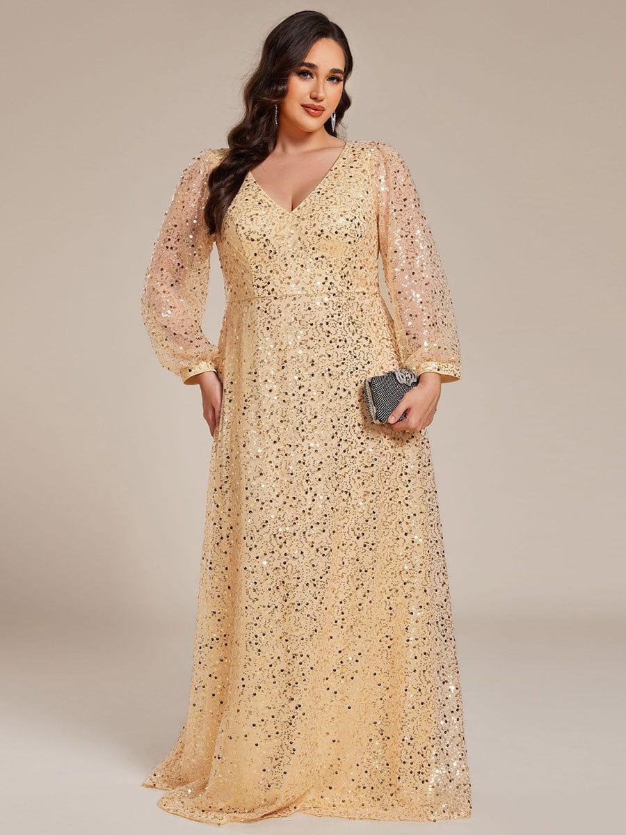 pretty RAYVEN|Plus Size V-Neck Lantern Long Sleeve Sequin A-Line Evening Dress