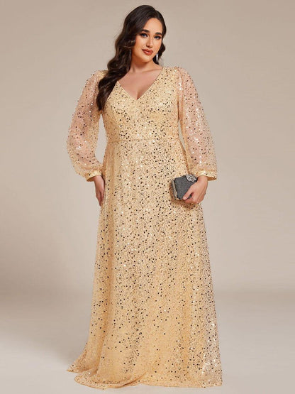 pretty RAYVEN|Plus Size V-Neck Lantern Long Sleeve Sequin A-Line Evening Dress