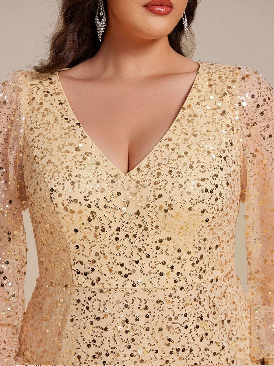 pretty RAYVEN|Plus Size V-Neck Lantern Long Sleeve Sequin A-Line Evening Dress