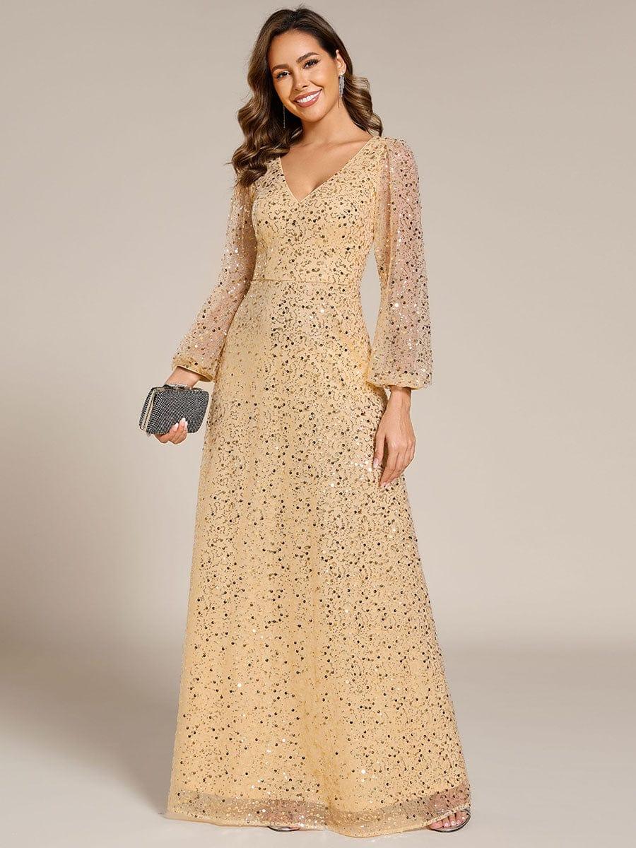 pretty RAYVEN|Plus Size V-Neck Lantern Long Sleeve Sequin A-Line Evening Dress