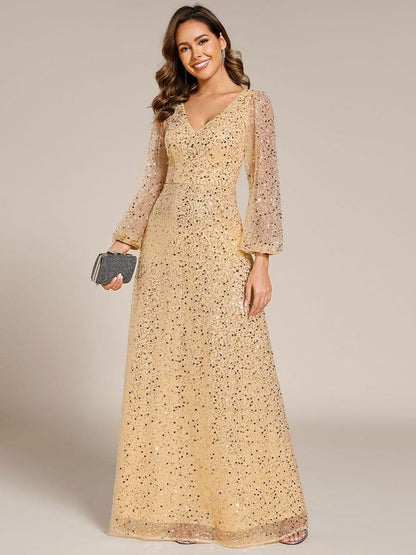pretty RAYVEN|Plus Size V-Neck Lantern Long Sleeve Sequin A-Line Evening Dress