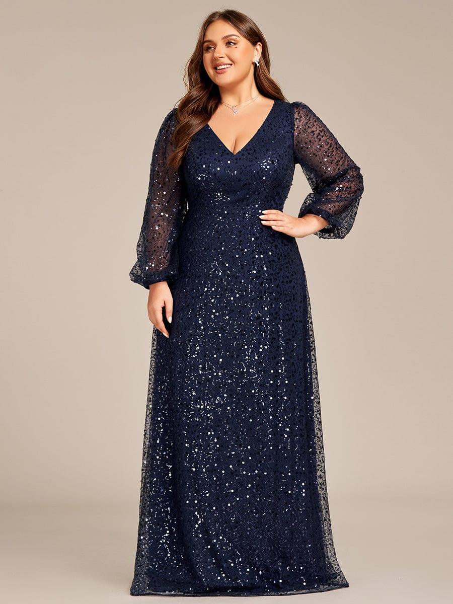 pretty RAYVEN|Plus Size V-Neck Lantern Long Sleeve Sequin A-Line Evening Dress