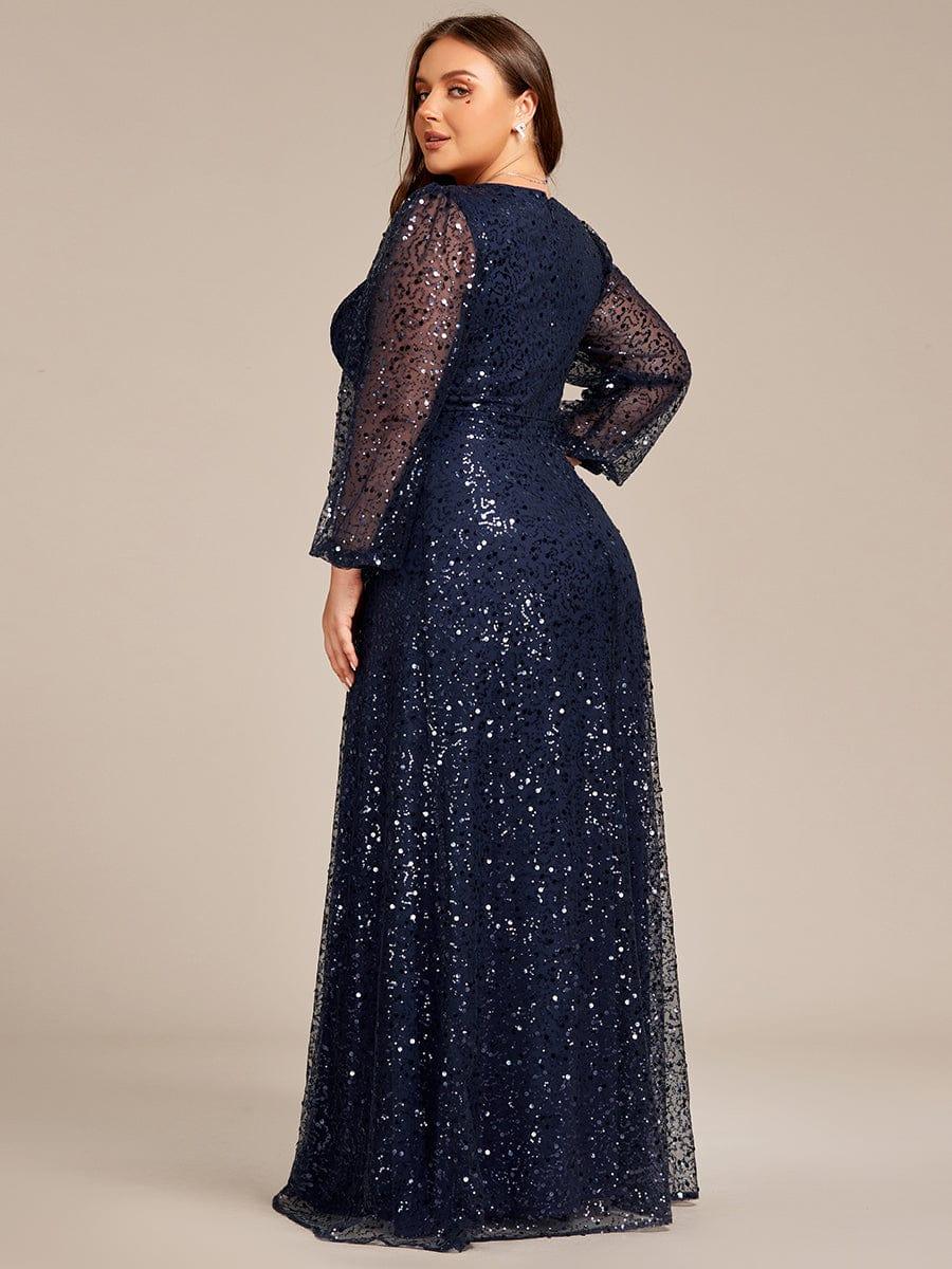 pretty RAYVEN|Plus Size V-Neck Lantern Long Sleeve Sequin A-Line Evening Dress