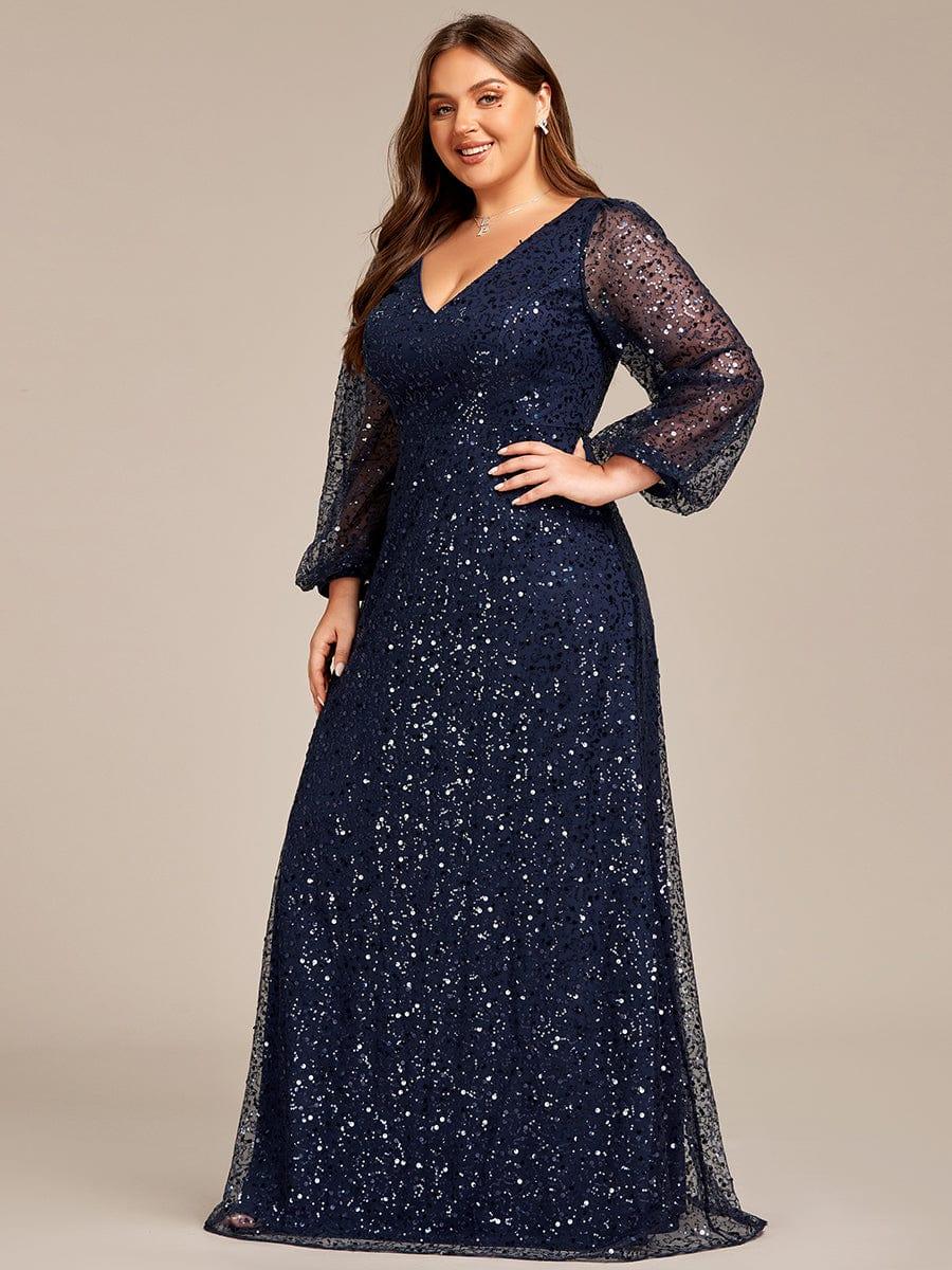 pretty RAYVEN|Plus Size V-Neck Lantern Long Sleeve Sequin A-Line Evening Dress