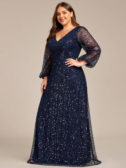 pretty RAYVEN|Plus Size V-Neck Lantern Long Sleeve Sequin A-Line Evening Dress