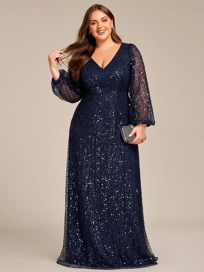 pretty RAYVEN|Plus Size V-Neck Lantern Long Sleeve Sequin A-Line Evening Dress