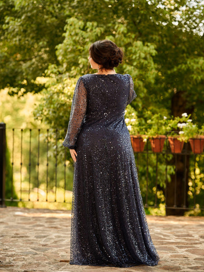 pretty RAYVEN|Plus Size V-Neck Lantern Long Sleeve Sequin A-Line Evening Dress