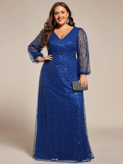 pretty RAYVEN|Plus Size V-Neck Lantern Long Sleeve Sequin A-Line Evening Dress