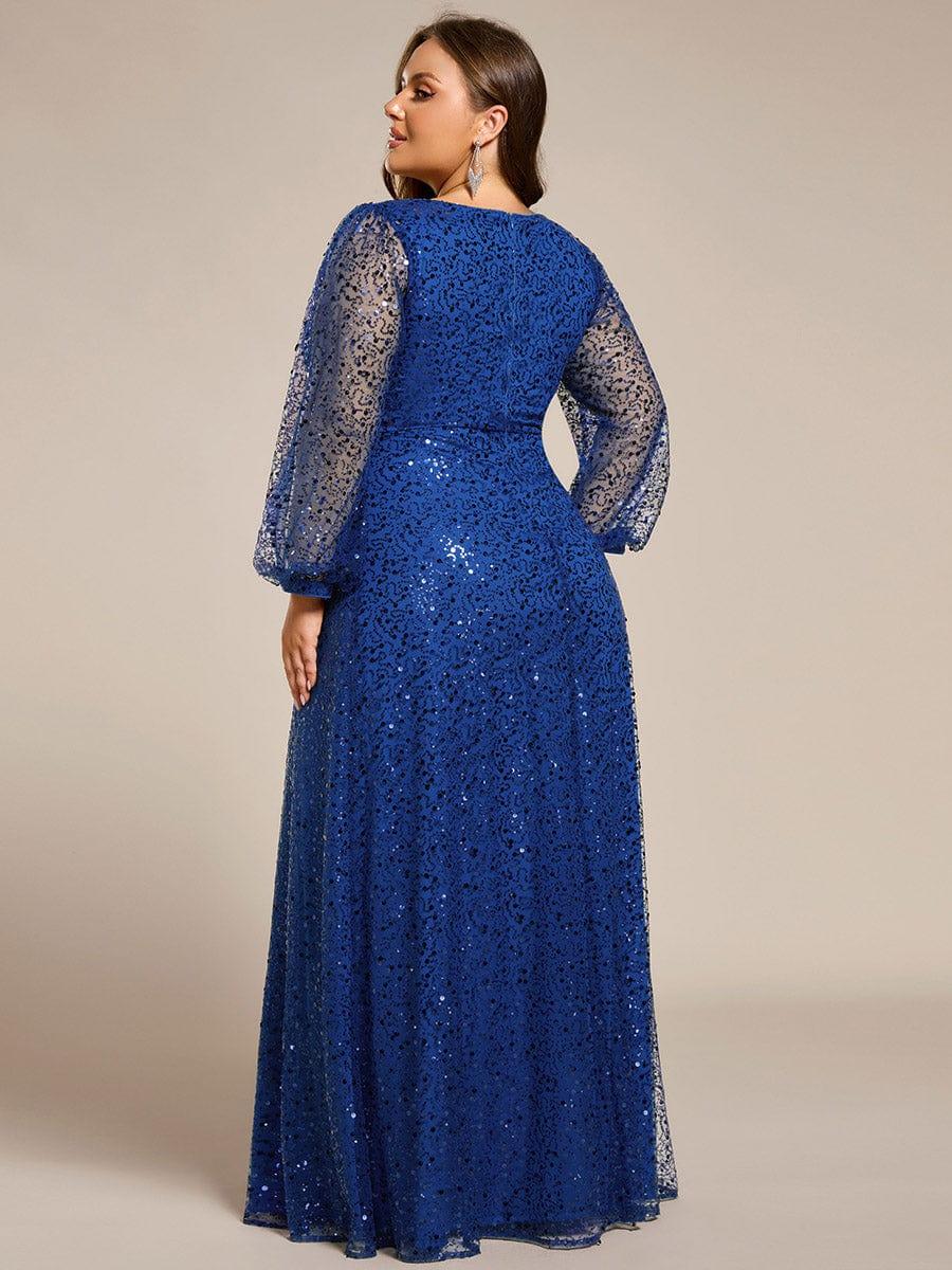 pretty RAYVEN|Plus Size V-Neck Lantern Long Sleeve Sequin A-Line Evening Dress