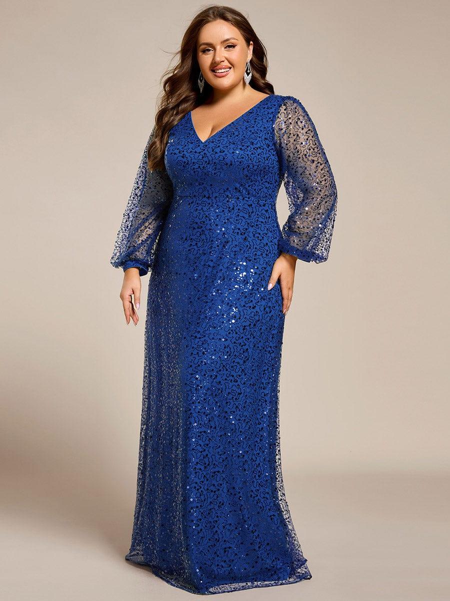 pretty RAYVEN|Plus Size V-Neck Lantern Long Sleeve Sequin A-Line Evening Dress