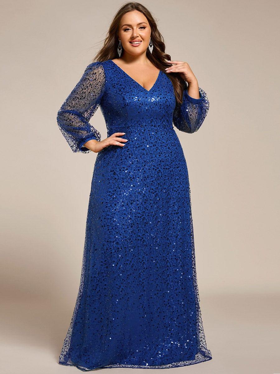 pretty RAYVEN|Plus Size V-Neck Lantern Long Sleeve Sequin A-Line Evening Dress
