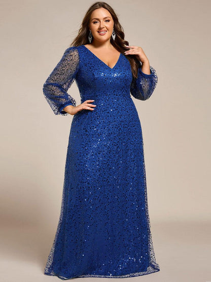 pretty RAYVEN|Plus Size V-Neck Lantern Long Sleeve Sequin A-Line Evening Dress