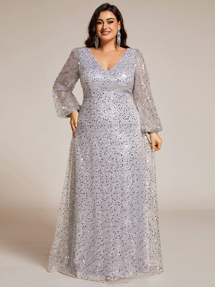 pretty RAYVEN|Plus Size V-Neck Lantern Long Sleeve Sequin A-Line Evening Dress