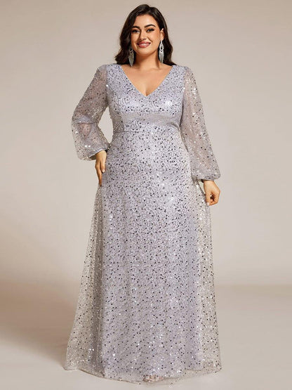 pretty RAYVEN|Plus Size V-Neck Lantern Long Sleeve Sequin A-Line Evening Dress