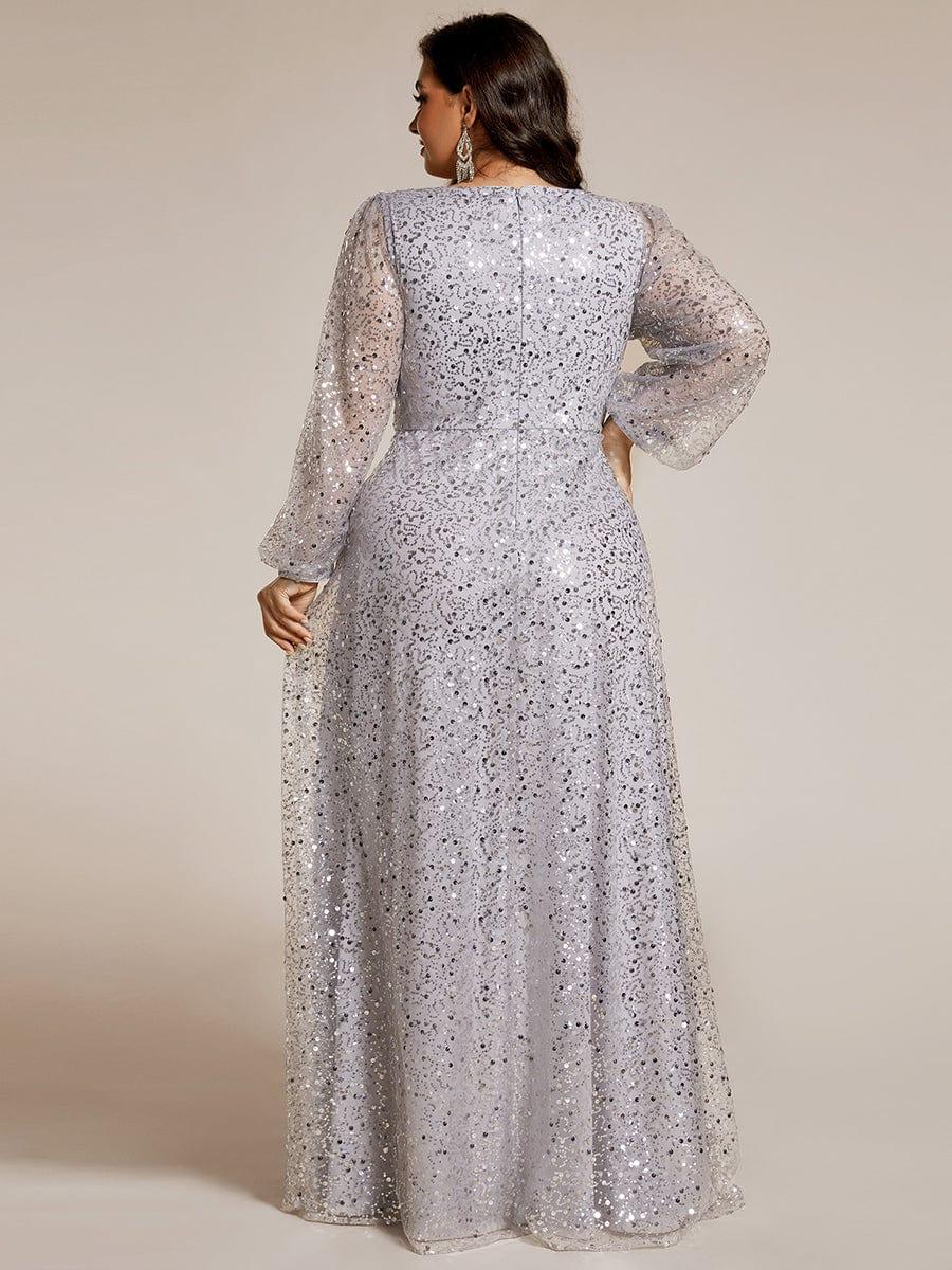 pretty RAYVEN|Plus Size V-Neck Lantern Long Sleeve Sequin A-Line Evening Dress
