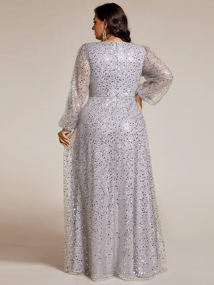 pretty RAYVEN|Plus Size V-Neck Lantern Long Sleeve Sequin A-Line Evening Dress