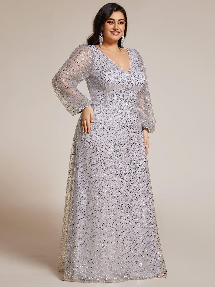 pretty RAYVEN|Plus Size V-Neck Lantern Long Sleeve Sequin A-Line Evening Dress