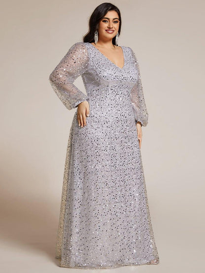 pretty RAYVEN|Plus Size V-Neck Lantern Long Sleeve Sequin A-Line Evening Dress