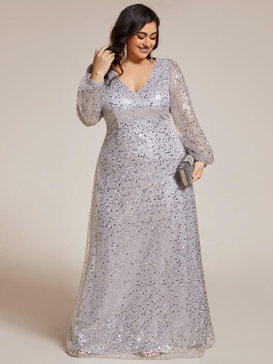 pretty RAYVEN|Plus Size V-Neck Lantern Long Sleeve Sequin A-Line Evening Dress