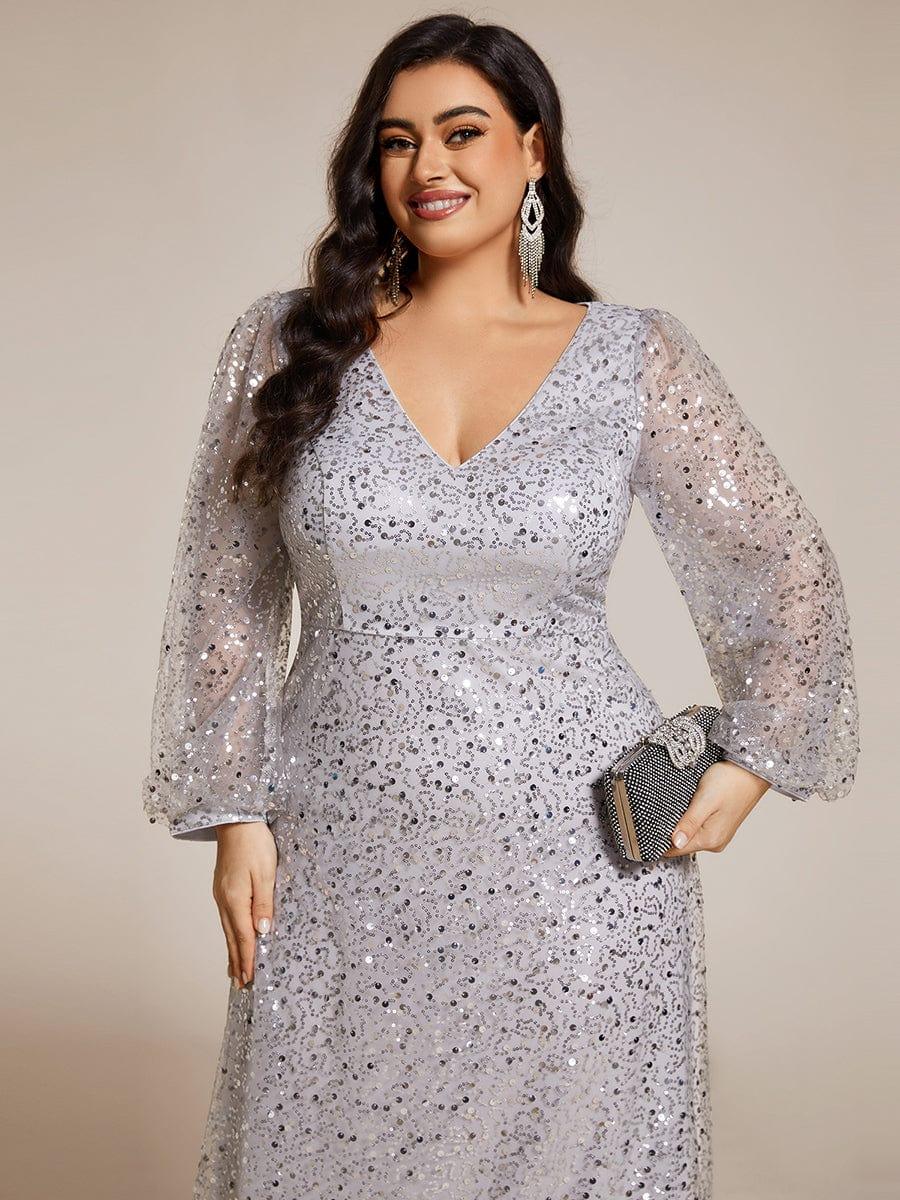 pretty RAYVEN|Plus Size V-Neck Lantern Long Sleeve Sequin A-Line Evening Dress