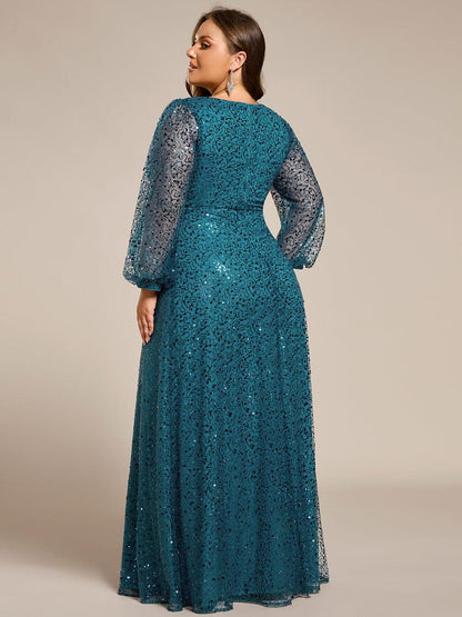 pretty RAYVEN|Plus Size V-Neck Lantern Long Sleeve Sequin A-Line Evening Dress