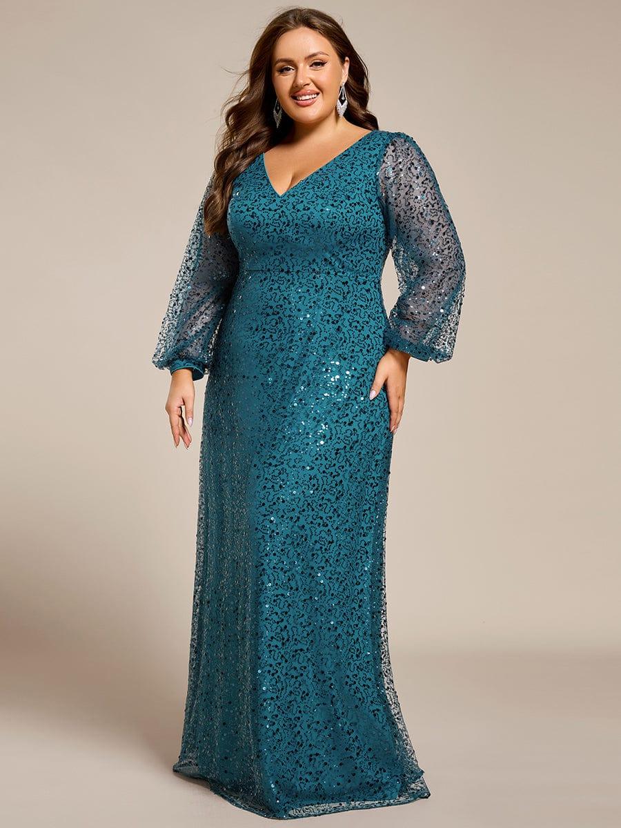 pretty RAYVEN|Plus Size V-Neck Lantern Long Sleeve Sequin A-Line Evening Dress