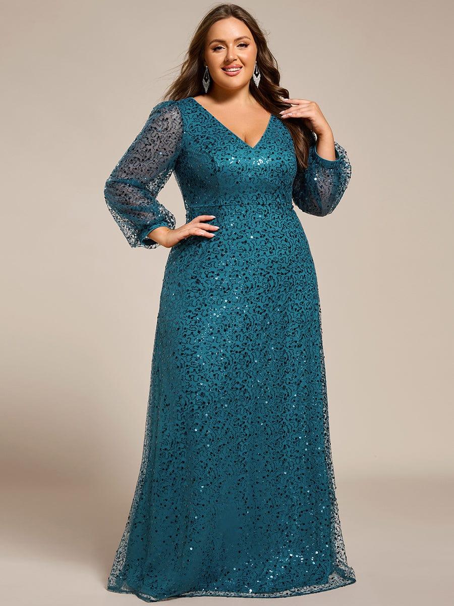 pretty RAYVEN|Plus Size V-Neck Lantern Long Sleeve Sequin A-Line Evening Dress