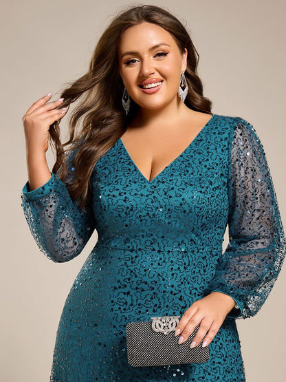 pretty RAYVEN|Plus Size V-Neck Lantern Long Sleeve Sequin A-Line Evening Dress