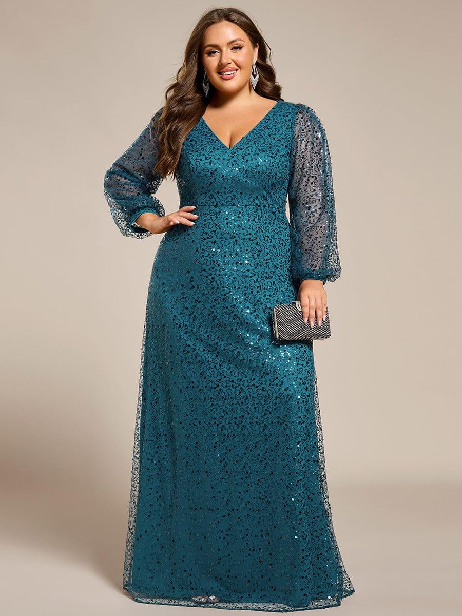 pretty RAYVEN|Plus Size V-Neck Lantern Long Sleeve Sequin A-Line Evening Dress