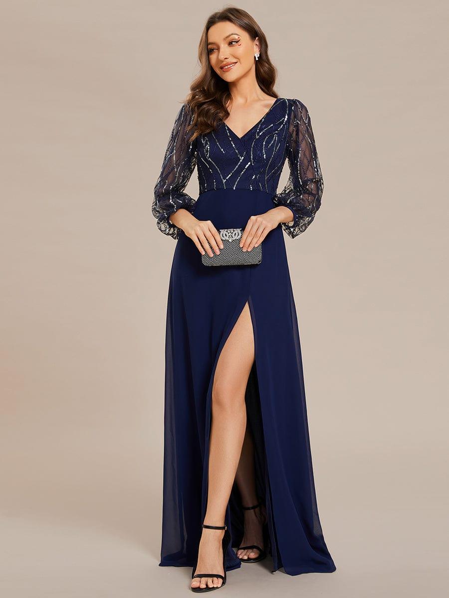 ever JENNI|Sequin See-through Long Sleeves High Slit Chiffon A-Line Evening Dress