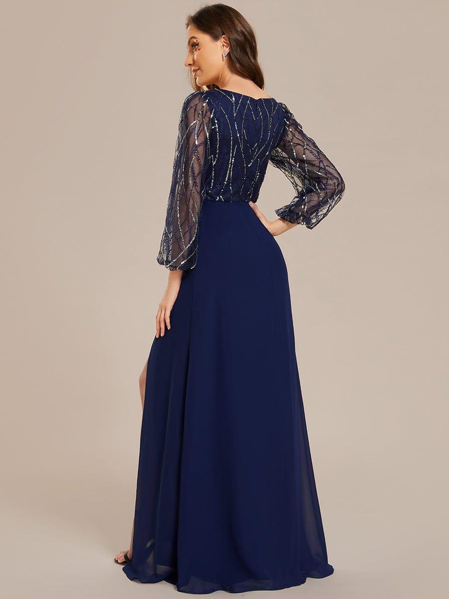 ever JENNI|Sequin See-through Long Sleeves High Slit Chiffon A-Line Evening Dress
