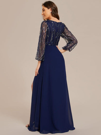ever JENNI|Sequin See-through Long Sleeves High Slit Chiffon A-Line Evening Dress