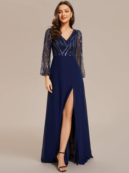 ever JENNI|Sequin See-through Long Sleeves High Slit Chiffon A-Line Evening Dress