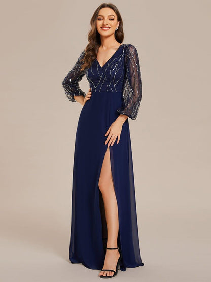 ever JENNI|Sequin See-through Long Sleeves High Slit Chiffon A-Line Evening Dress