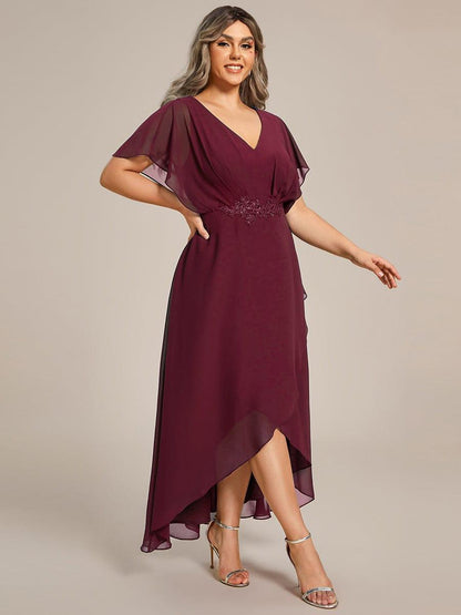 pretty LILAS|Plus Size V-Neck Chiffon Bat-Wing Sleeve A-Line Waist Applique Formal Dress