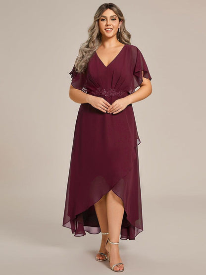 pretty LILAS|Plus Size V-Neck Chiffon Bat-Wing Sleeve A-Line Waist Applique Formal Dress