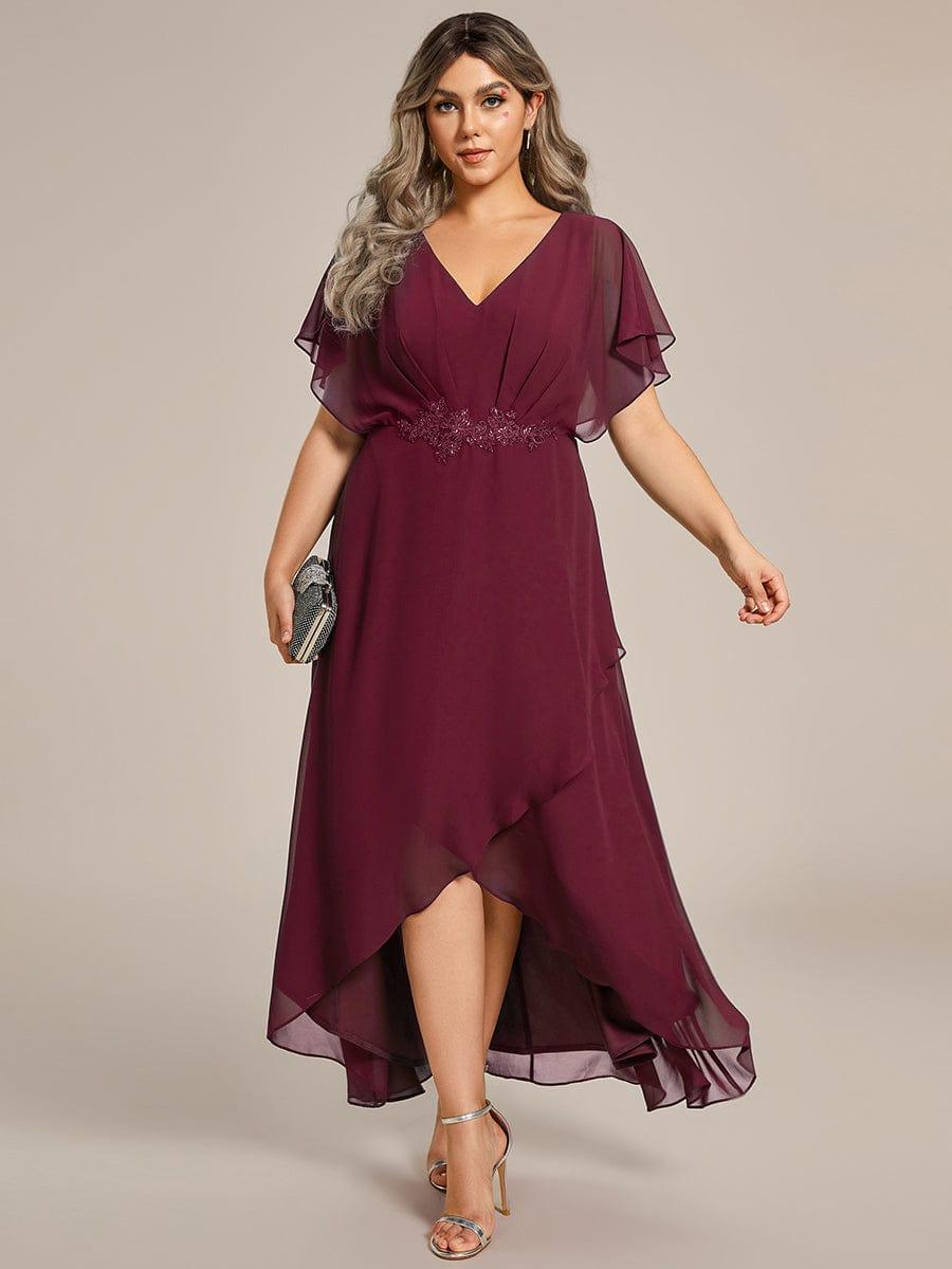 pretty LILAS|Plus Size V-Neck Chiffon Bat-Wing Sleeve A-Line Waist Applique Formal Dress