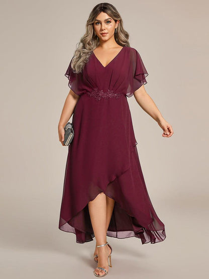 pretty LILAS|Plus Size V-Neck Chiffon Bat-Wing Sleeve A-Line Waist Applique Formal Dress