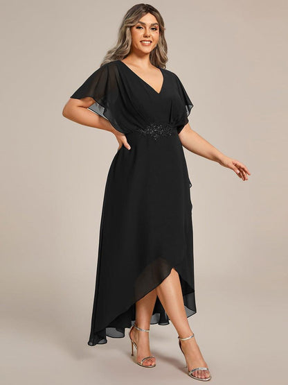 pretty LILAS|Plus Size V-Neck Chiffon Bat-Wing Sleeve A-Line Waist Applique Formal Dress
