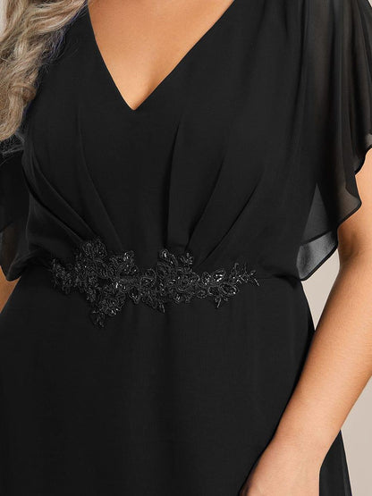 pretty LILAS|Plus Size V-Neck Chiffon Bat-Wing Sleeve A-Line Waist Applique Formal Dress