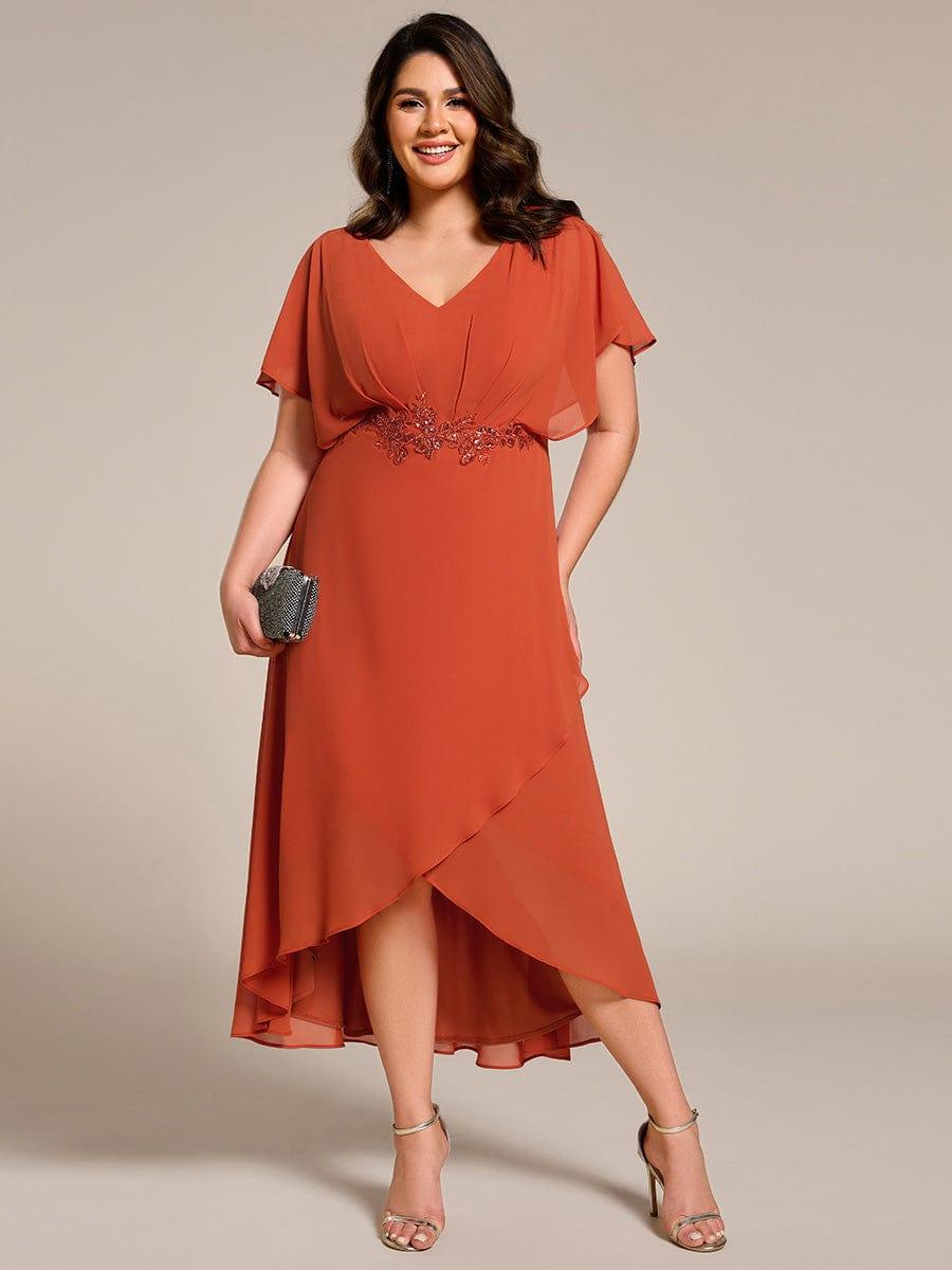 pretty LILAS|Plus Size V-Neck Chiffon Bat-Wing Sleeve A-Line Waist Applique Formal Dress