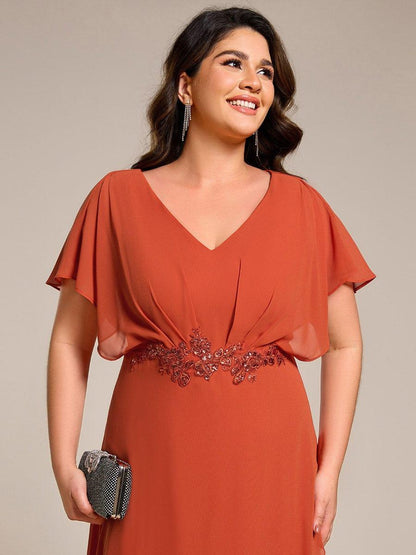 pretty LILAS|Plus Size V-Neck Chiffon Bat-Wing Sleeve A-Line Waist Applique Formal Dress