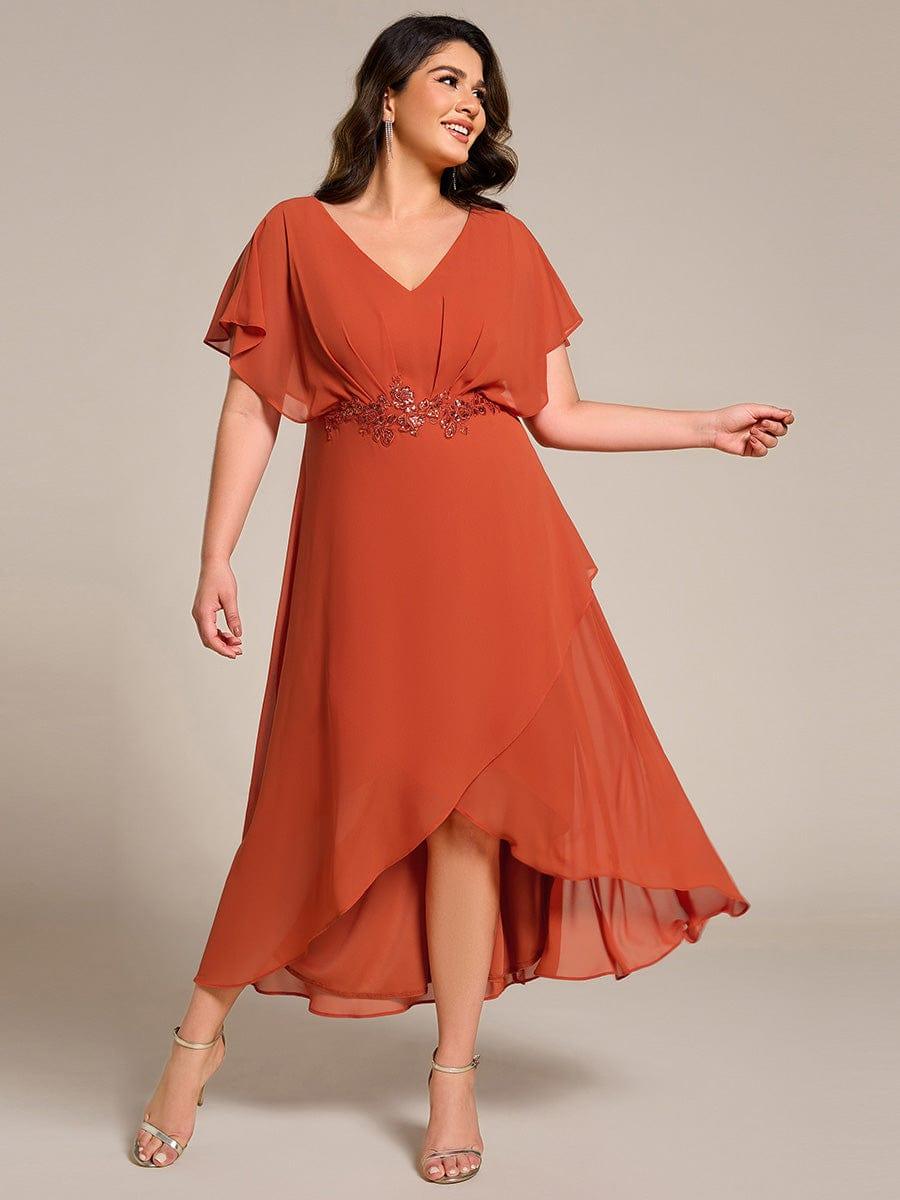 pretty LILAS|Plus Size V-Neck Chiffon Bat-Wing Sleeve A-Line Waist Applique Formal Dress
