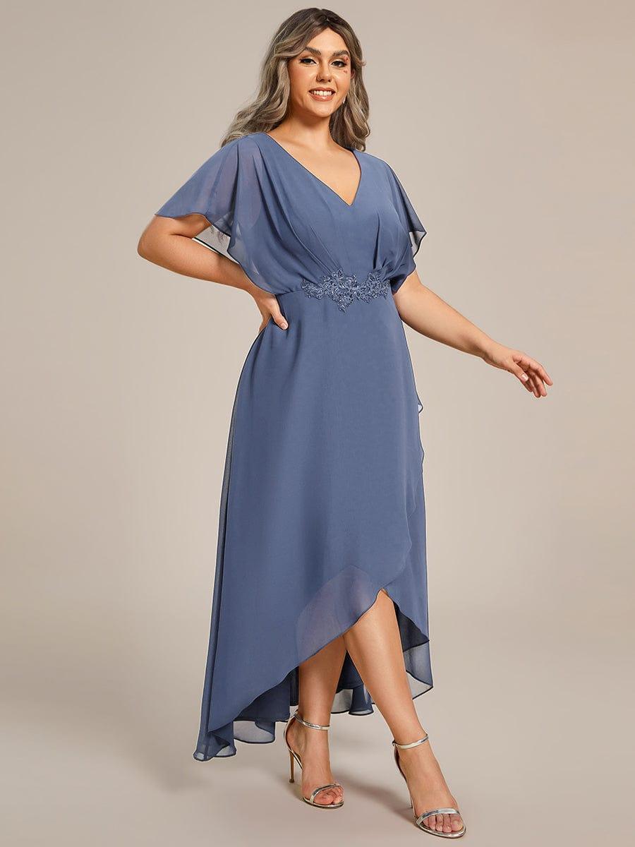 pretty LILAS|Plus Size V-Neck Chiffon Bat-Wing Sleeve A-Line Waist Applique Formal Dress