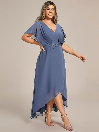 pretty LILAS|Plus Size V-Neck Chiffon Bat-Wing Sleeve A-Line Waist Applique Formal Dress